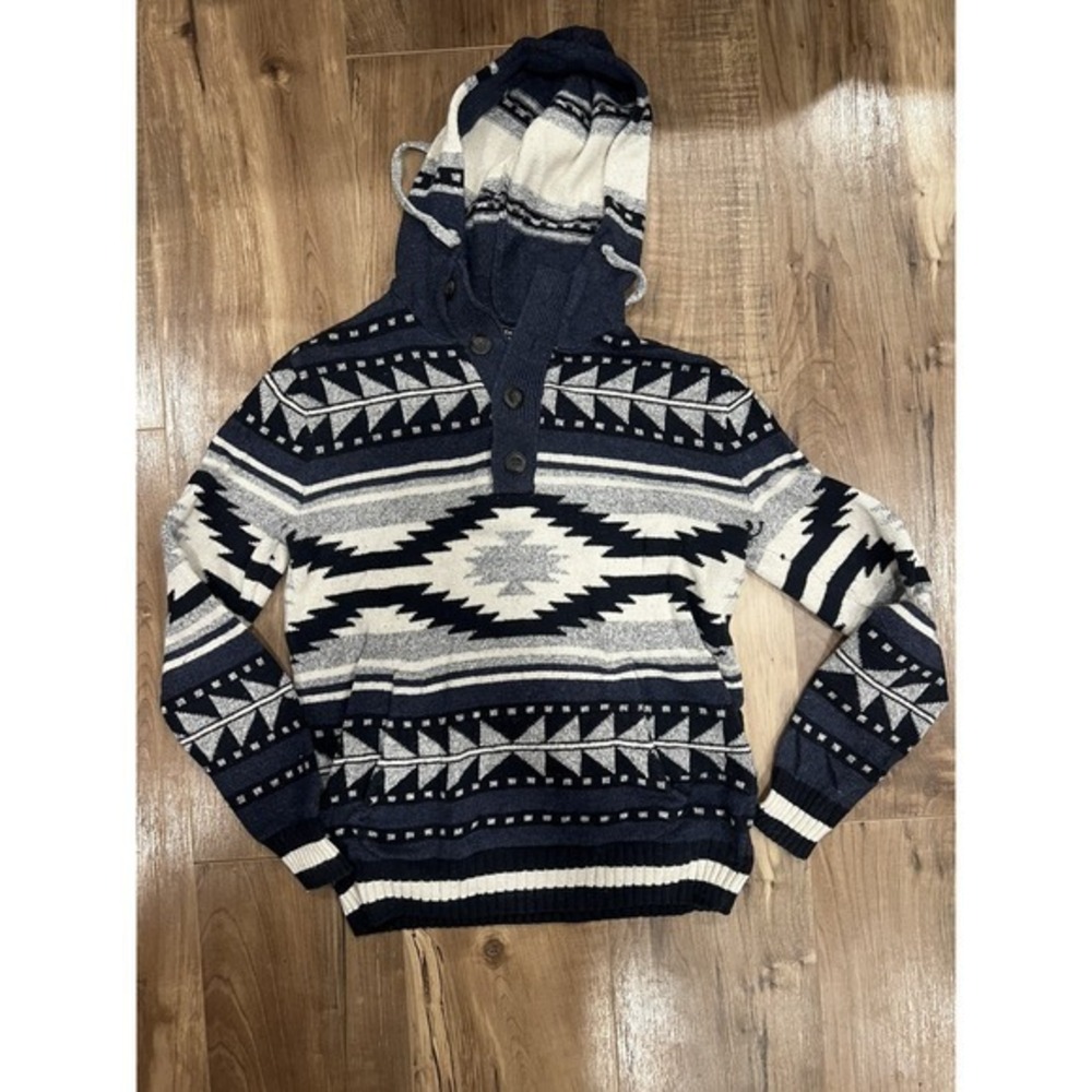 American Eagle Nordic Blue Hoodie Henley Ski Sweater Snowflake Design‎ Men's S
